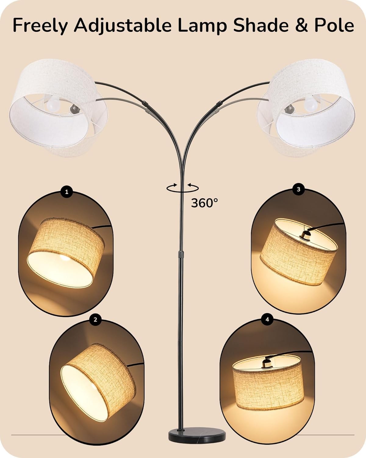 Arc Floor Lamp Dimmable Remote Control Rotatable Head LED Standing Light