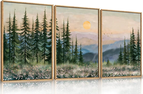 Boho Sunset Forest Framed Canvas Wall Art Set 3 Green Pine Mountain Decor