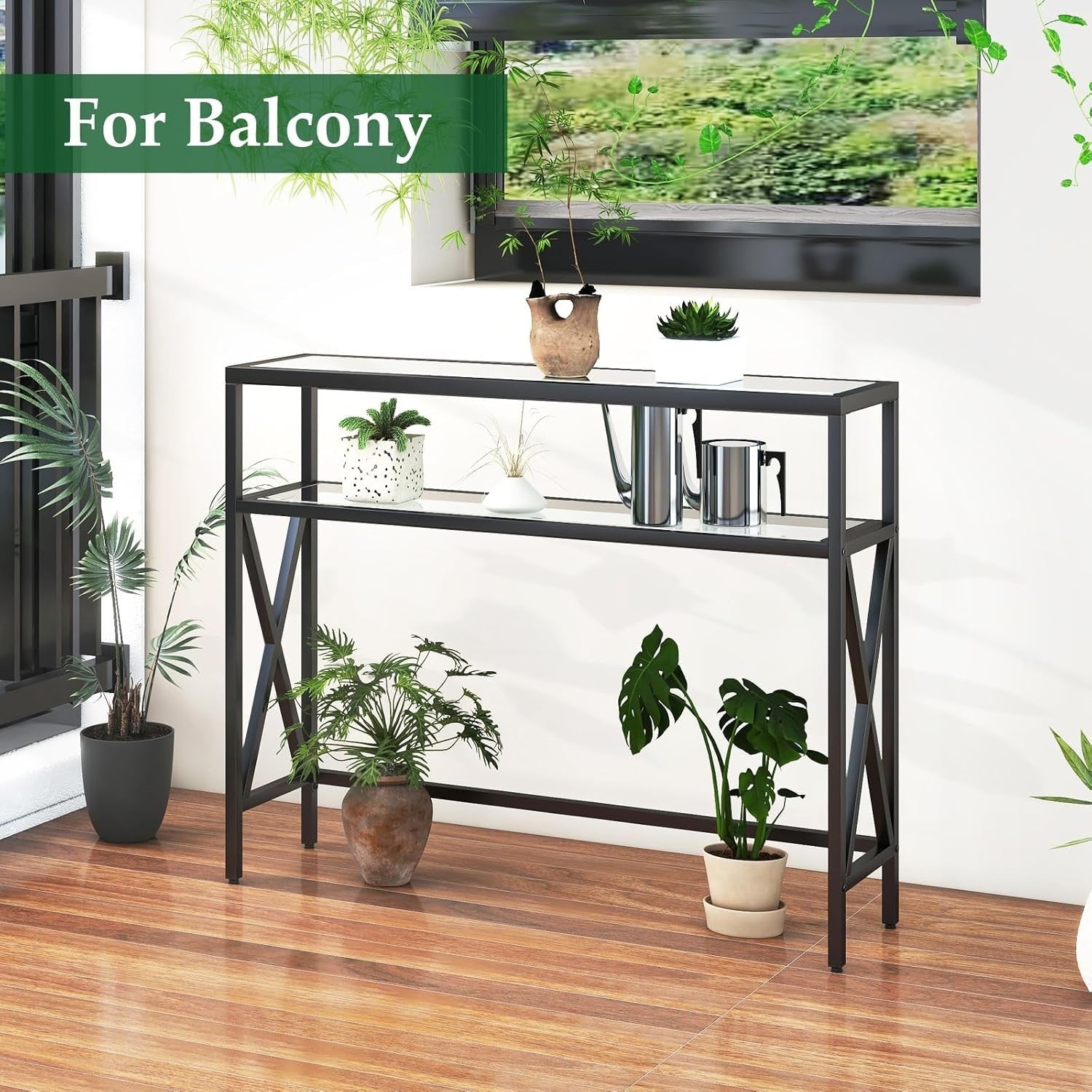 Tempered Glass Console Table Industrial Entryway with Shelves & Adjustable Feet