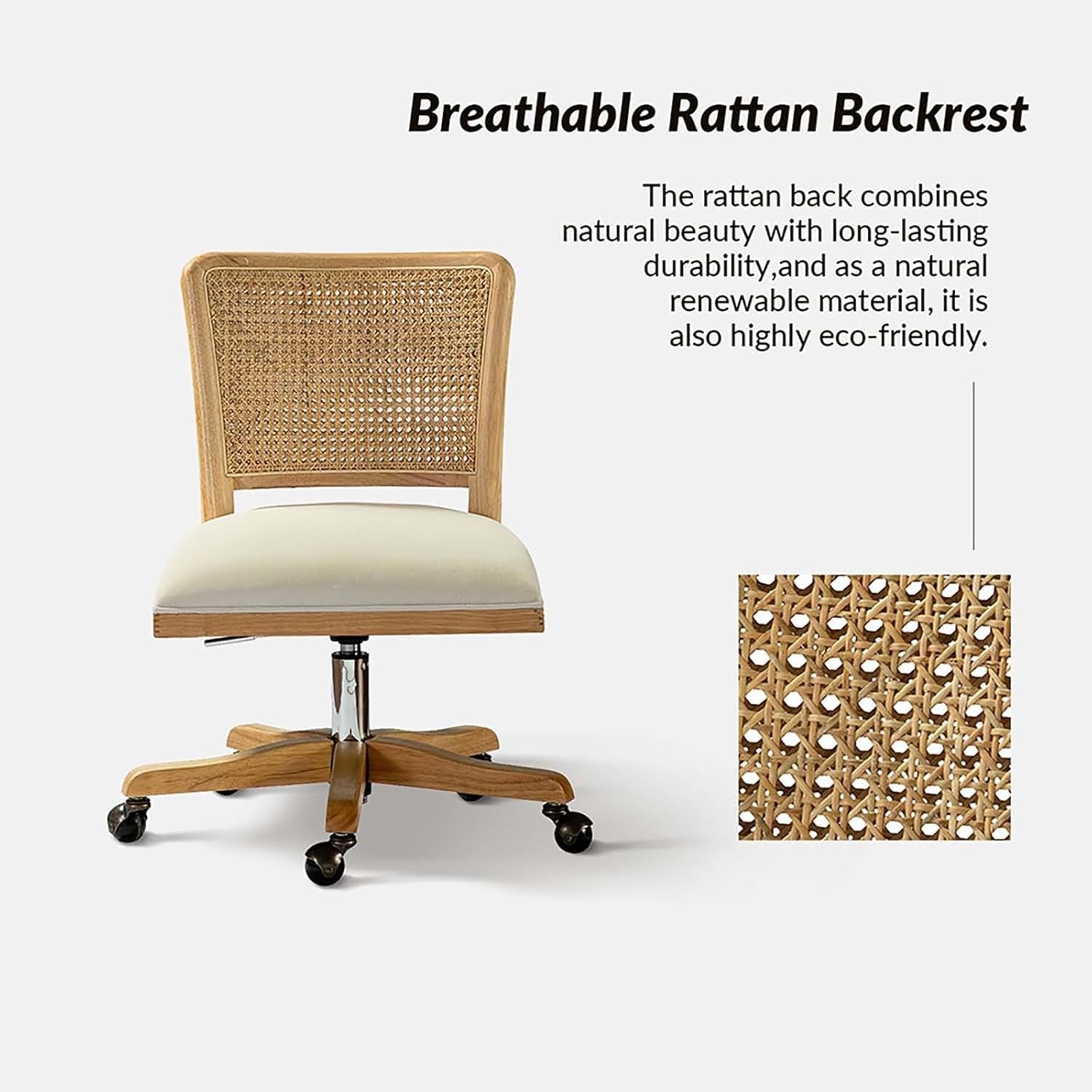Beige Swivel Office Chair Adjustable Height Upholstered Rattan Desk Seat