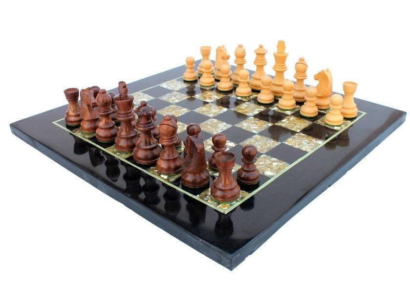 Luxury 15" Black Marble Chess Set – Inlaid Board + Mother of Pearl & Wood Pieces