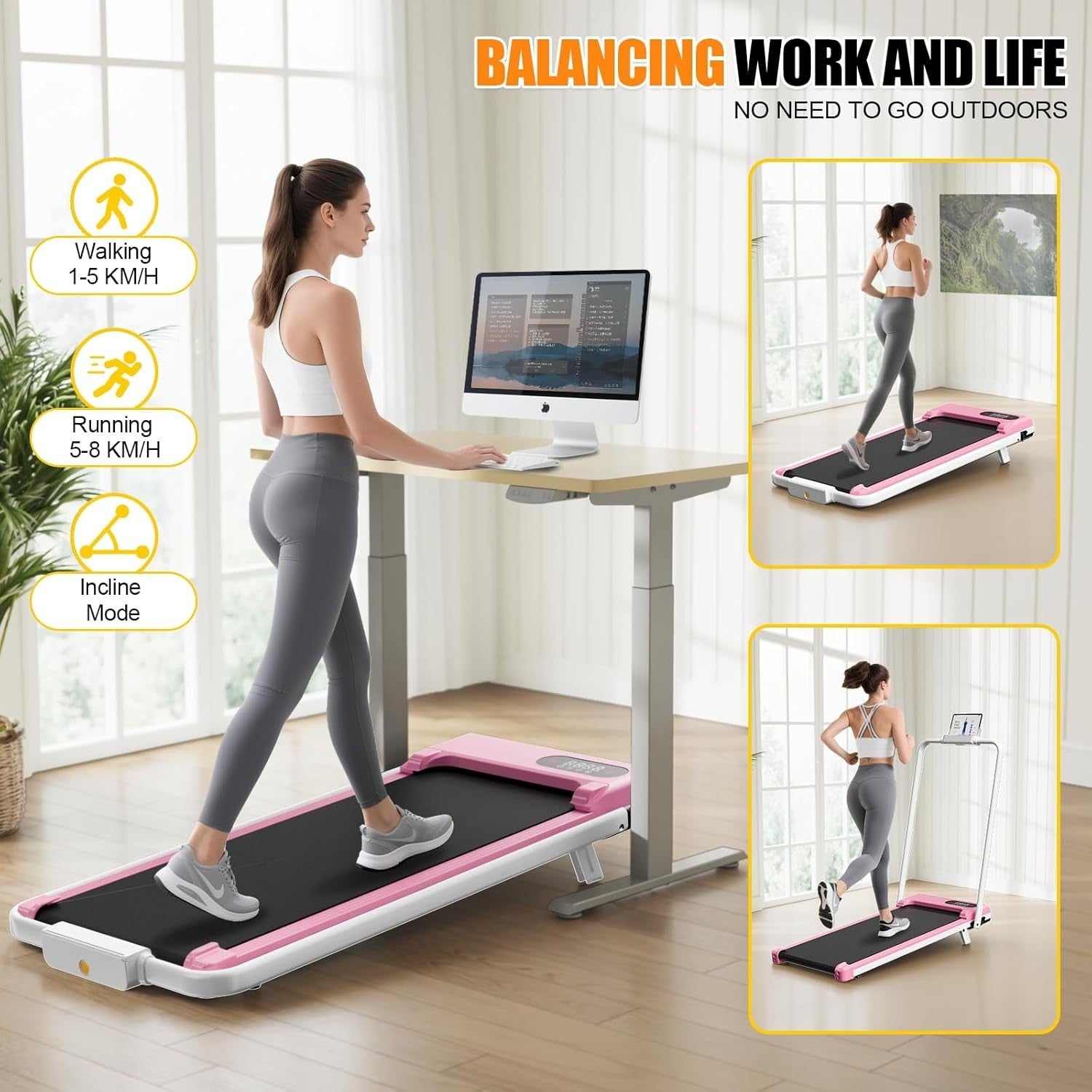 Foldable 3-in-1 Walking Treadmill with Incline, Under Desk Home Gym 8KM/H