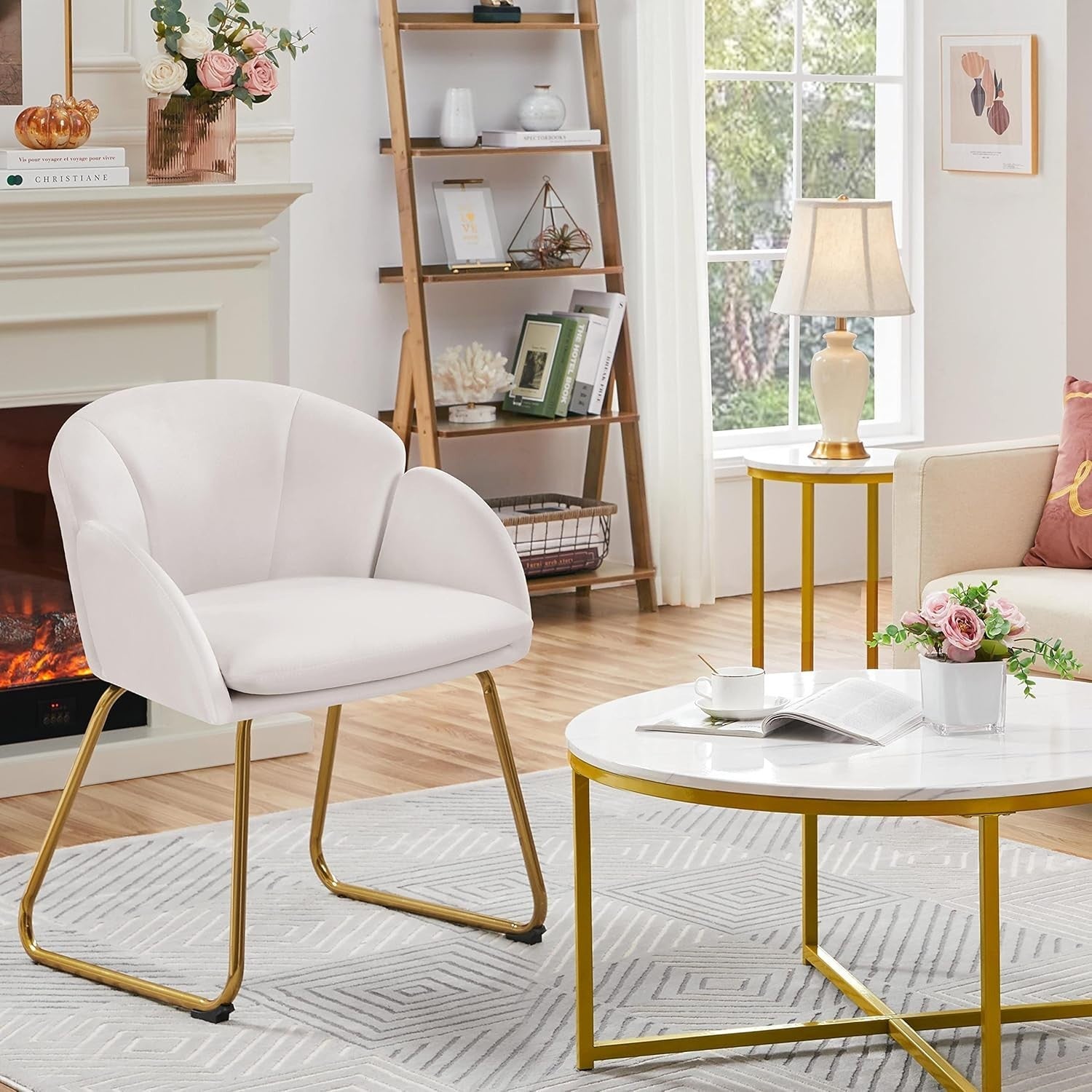 White Velvet Tub Vanity Chair Petal Accent Armchair with Gold Metal Legs