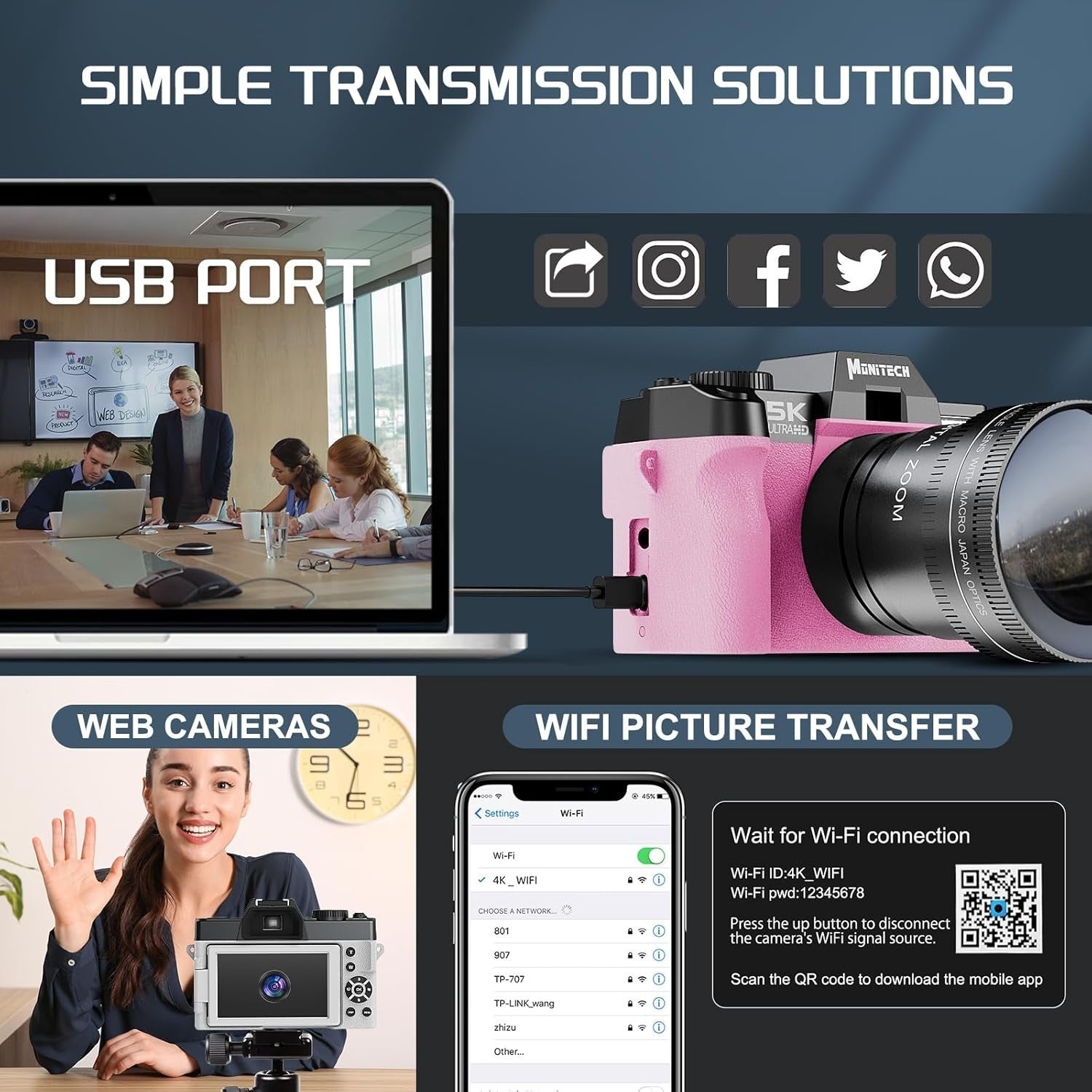 5K Digital Camera 64MP WiFi Vlogging Camera Flip Screen 16X Zoom