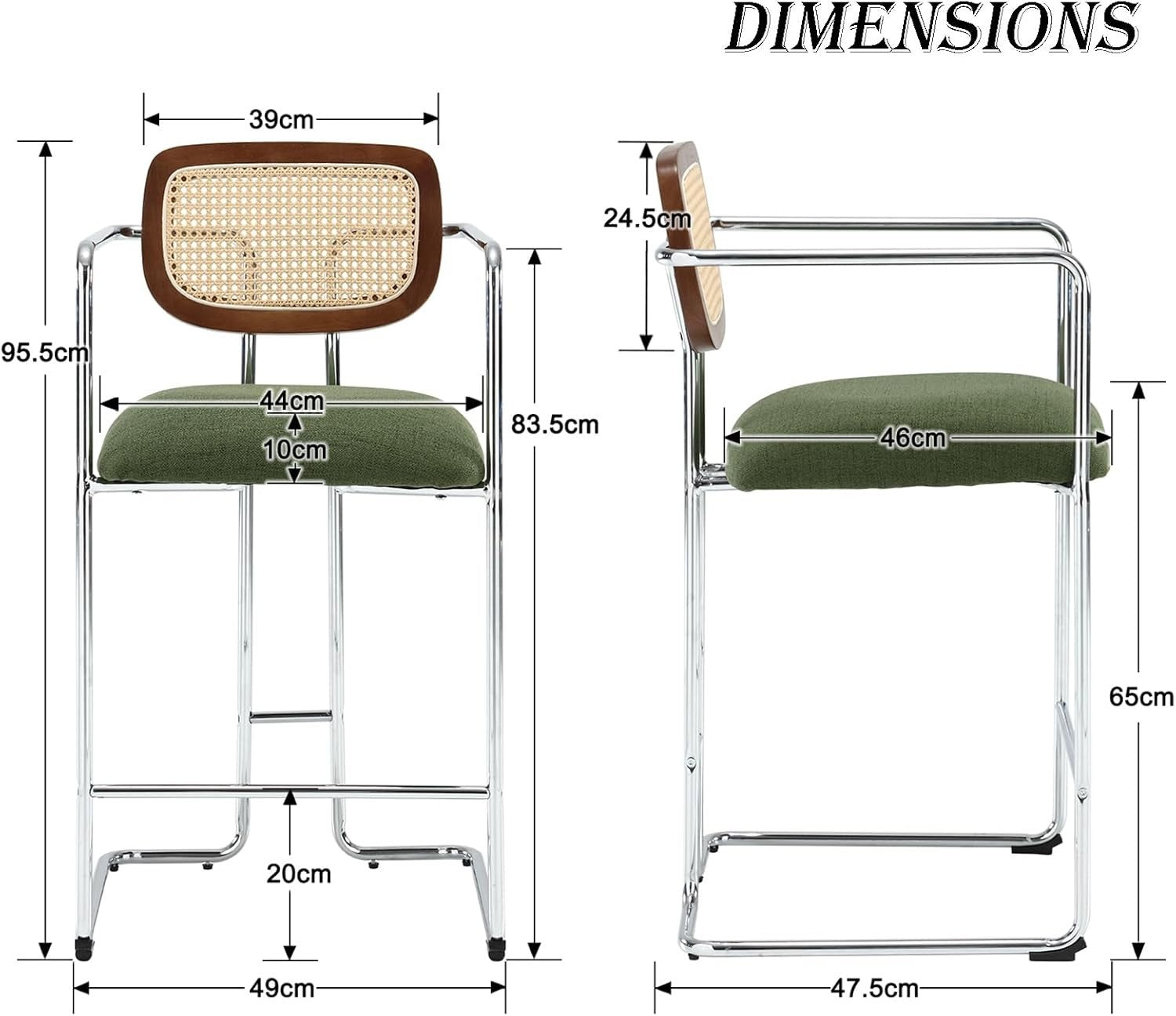 Bar Stools Set of 2 Green Linen Rattan Back Counter Chairs