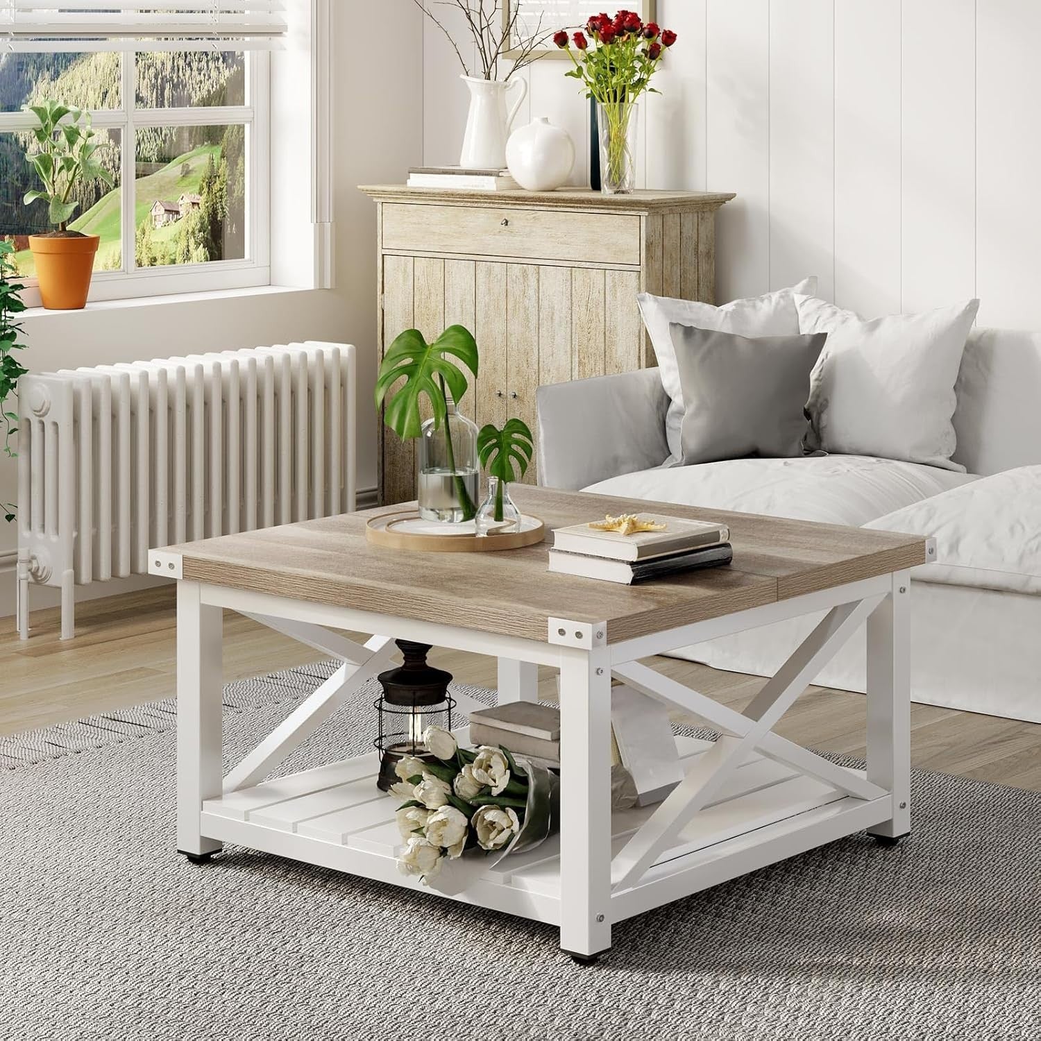 Rustic Grey Square Coffee Table 80cm Farmhouse Wood Storage Living Room