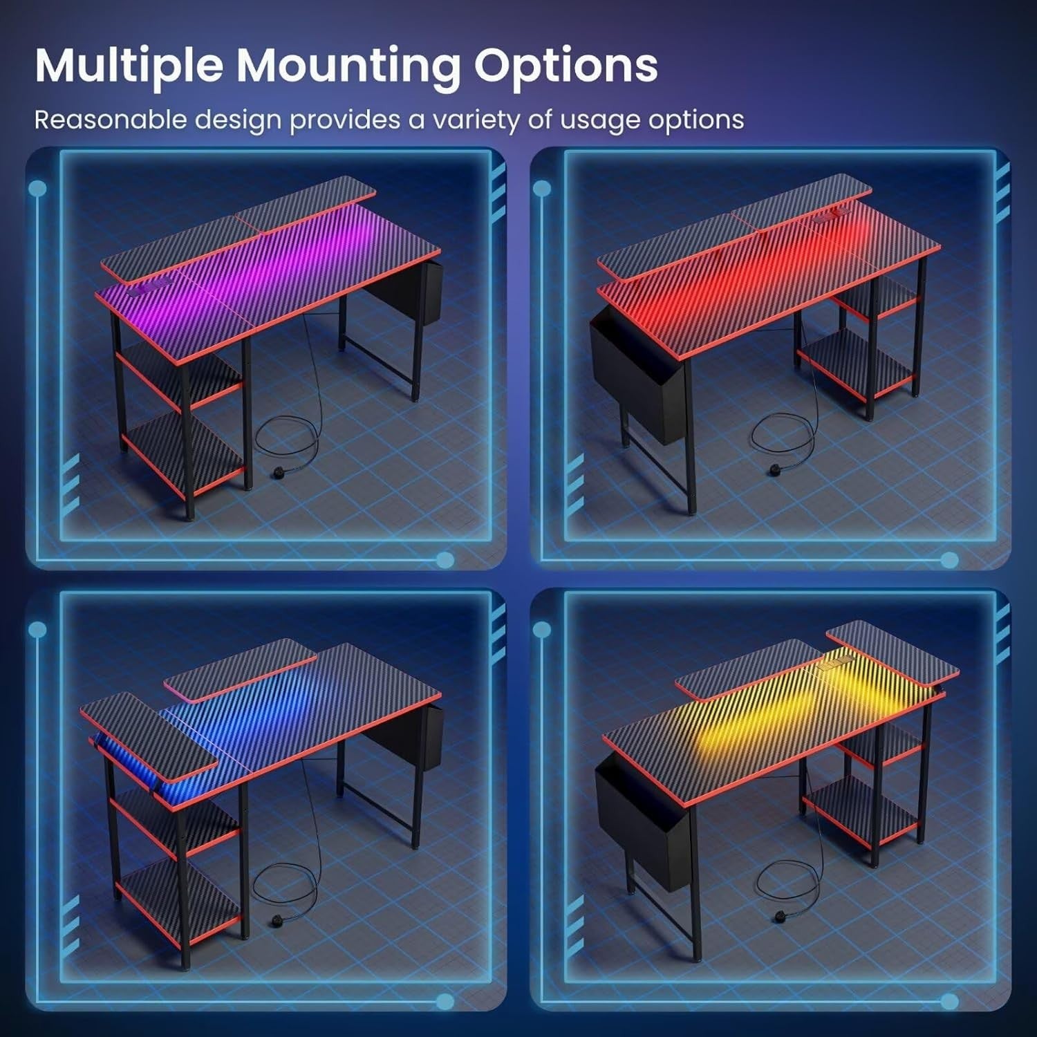 Black LED Gaming Desk 120x50cm w/ Power Outlets & Dual Monitor Stand