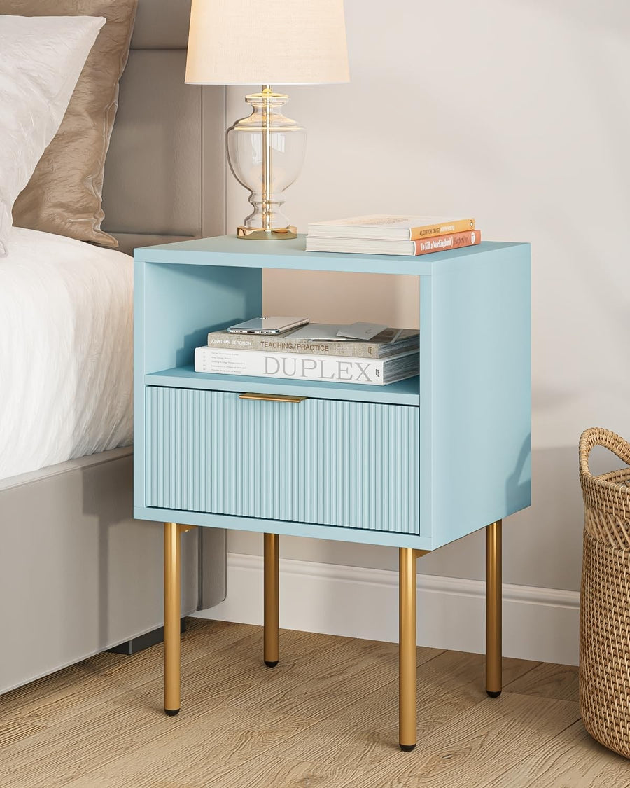 Modern Blue Bedside Table with Drawer & Shelf | Gold Legs Nightstand