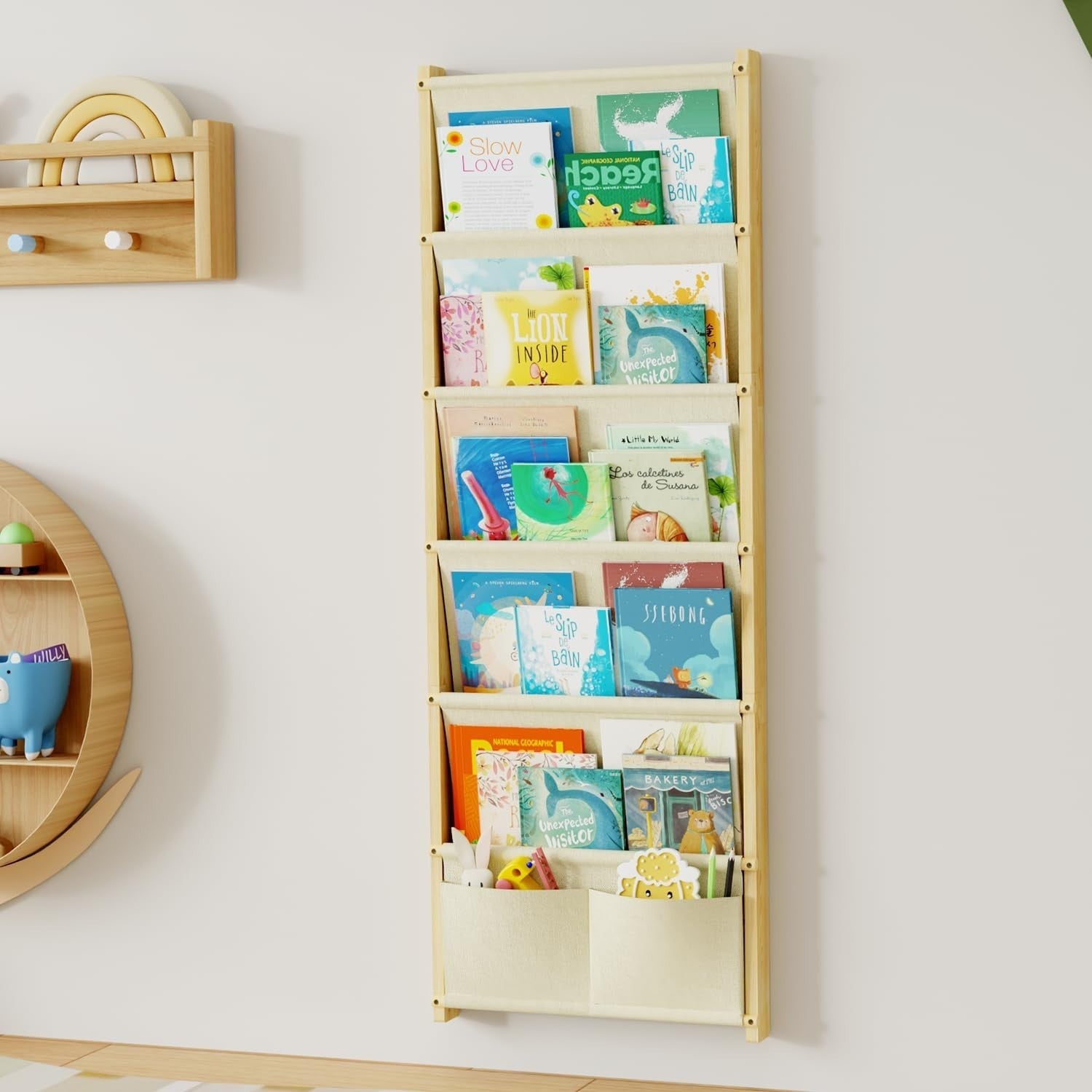 6-Tier Wall Mounted Kids Bookshelf Solid Wood Floating Book Rack Organizer