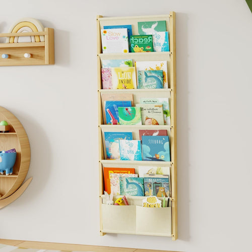 6-Tier Wall Mounted Kids Bookshelf Solid Wood Floating Book Rack Organizer
