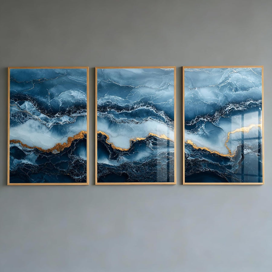 Navy Blue Gold Wall Art Set of 3 A4 Abstract Marble Prints Modern Decor
