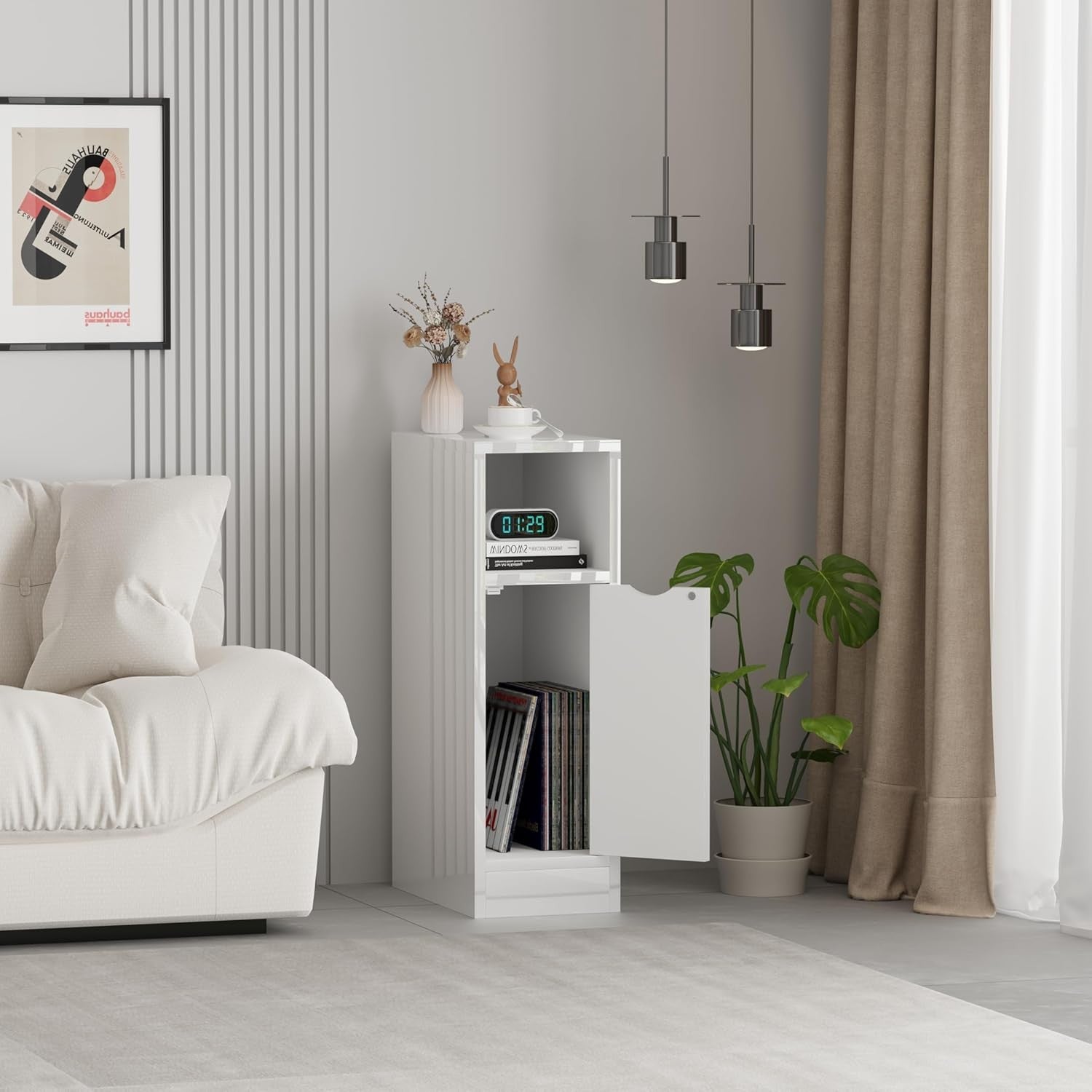Slim White High Gloss Bedside Table with Drawer & Shelf, Narrow Nightstand