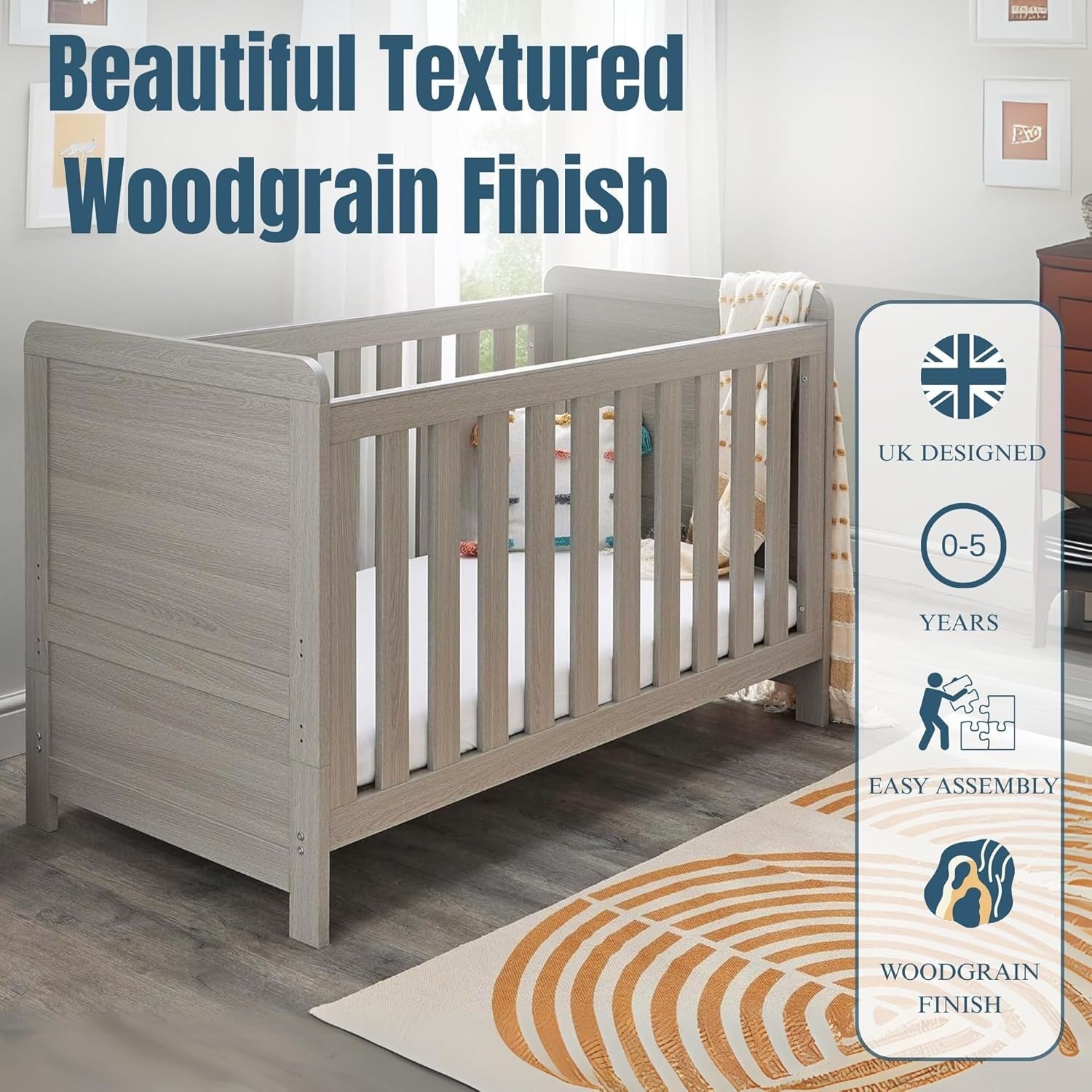 Convertible Baby Cot Bed Toddler Bed Adjustable Height w/ Teething Rails Grey