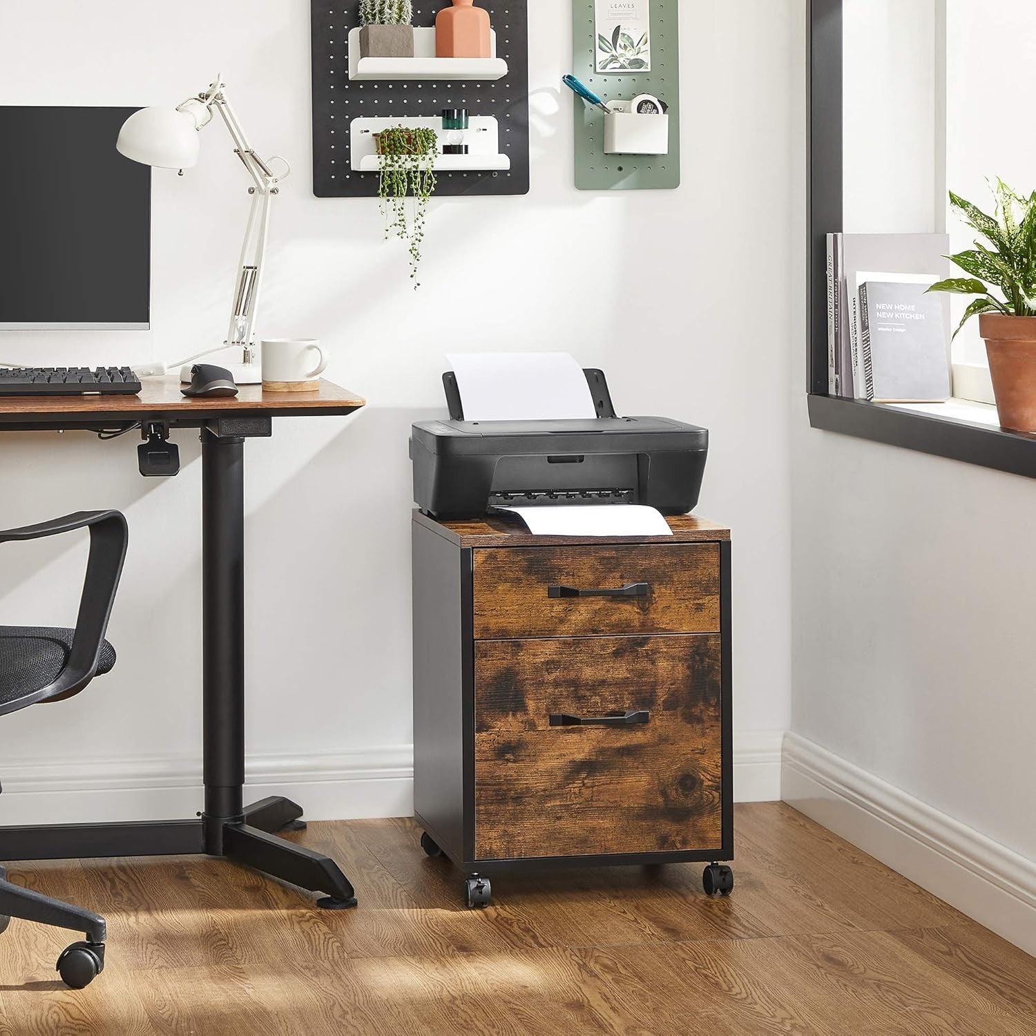 Rustic Brown & Black 2-Drawer Rolling Filing Cabinet – A4 Office Storage Unit