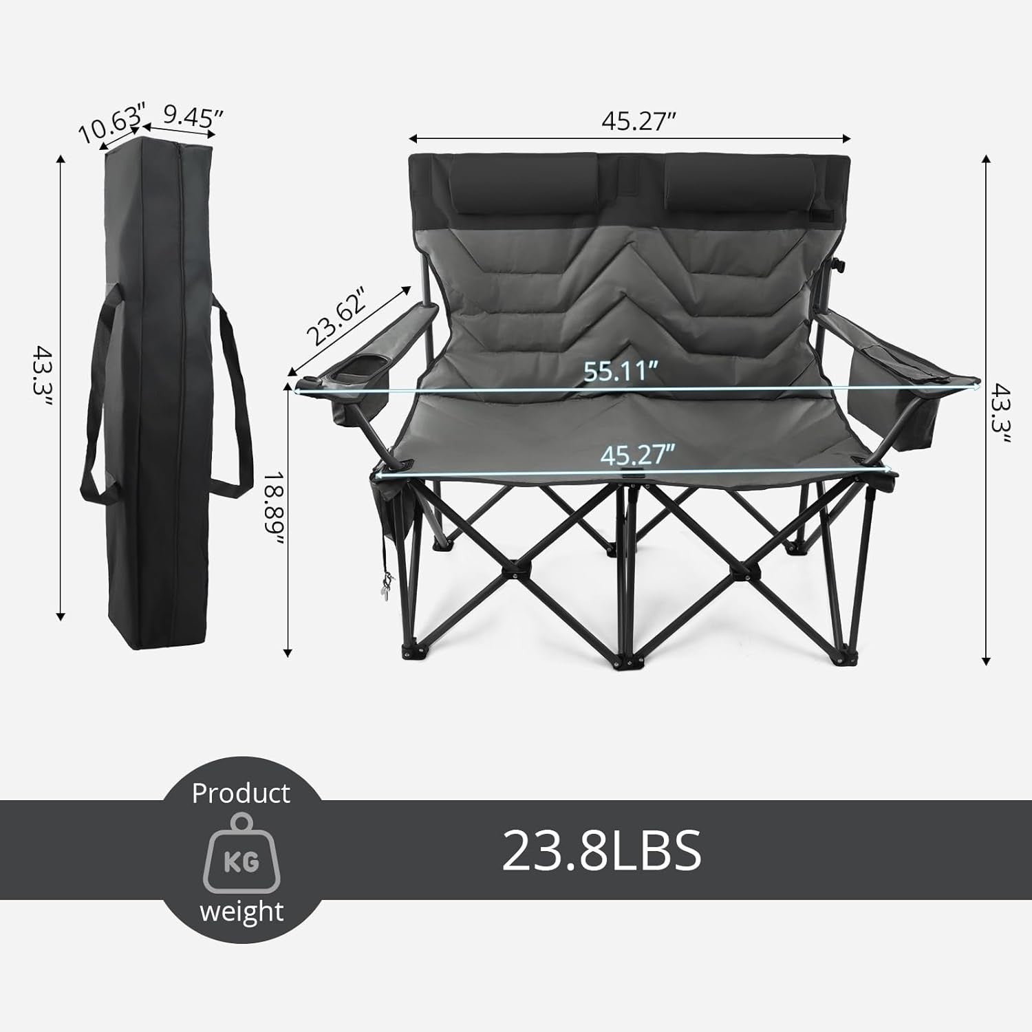 2 Seat Folding Padded Camping Chair 650lbs Heavy Duty Sofa with Cup Holders