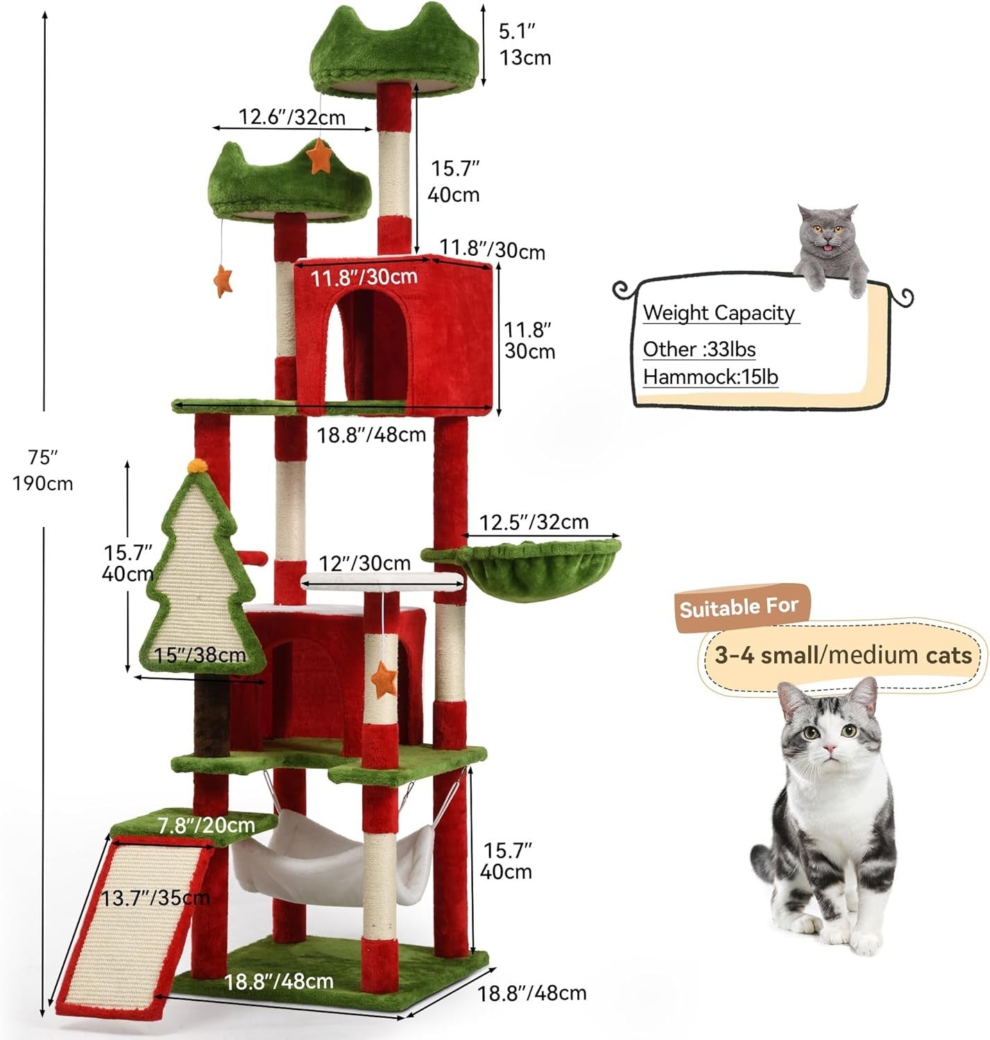 Large Cat Tree Tower 190cm Multi Level Condo Hammock Sisal Scratching Posts