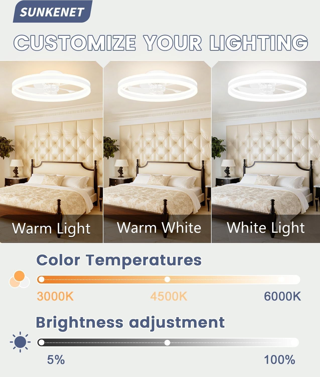 60cm Ceiling Fan Light, 6 Speeds, Dimmable LED, Reversible, Quiet White Fan