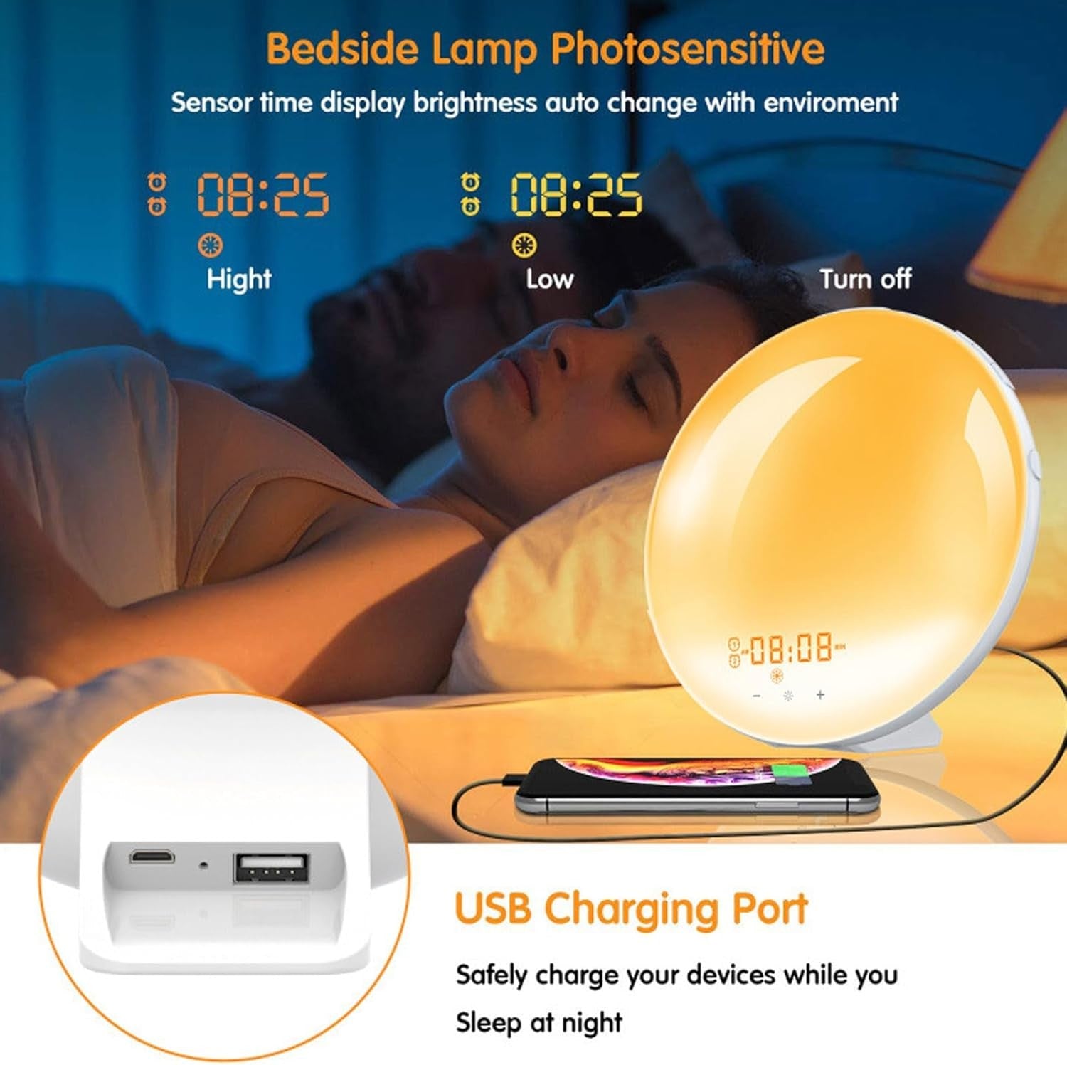 Sunrise Alarm Clock Wake Up Light White Noise Dual Alarm Kids Heavy Sleepers