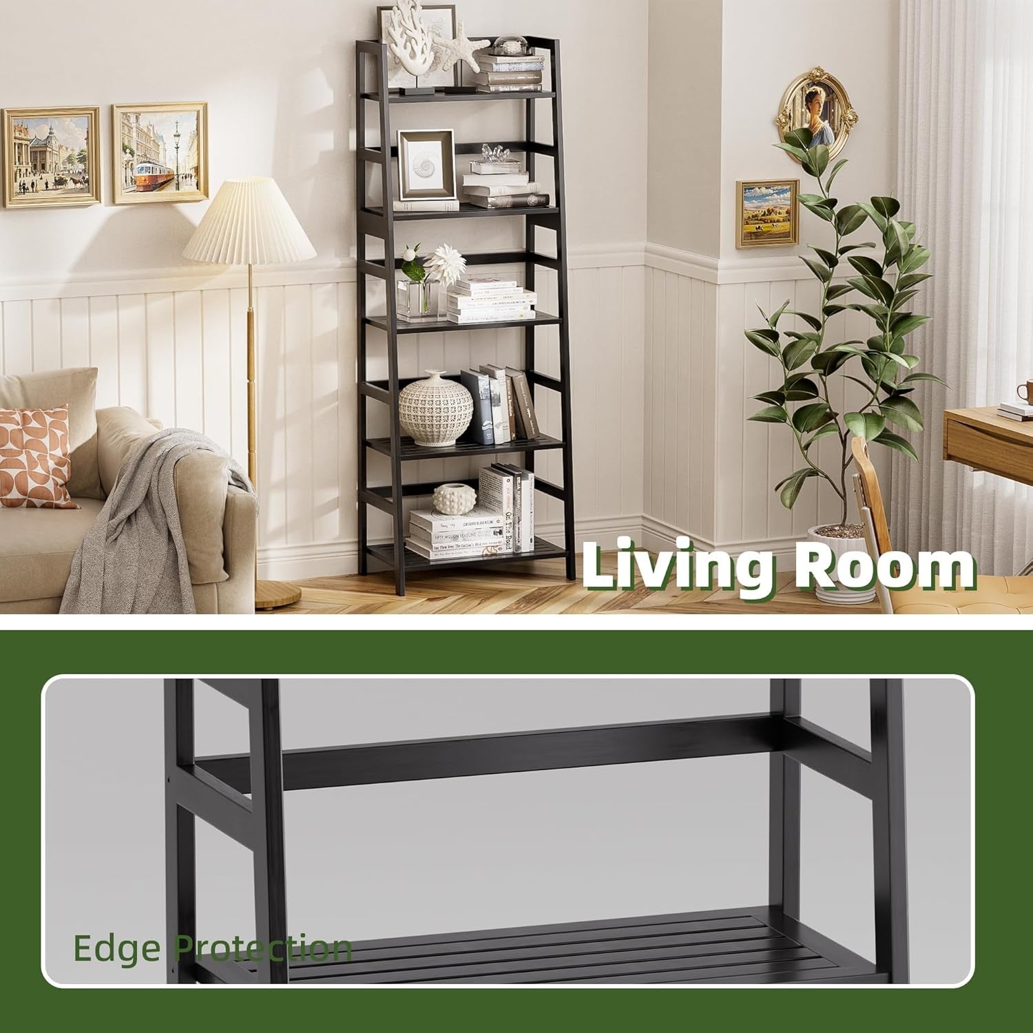 Black 5-Tier Bamboo Ladder Bookcase, Heavy Duty Tall Display Storage Shelf