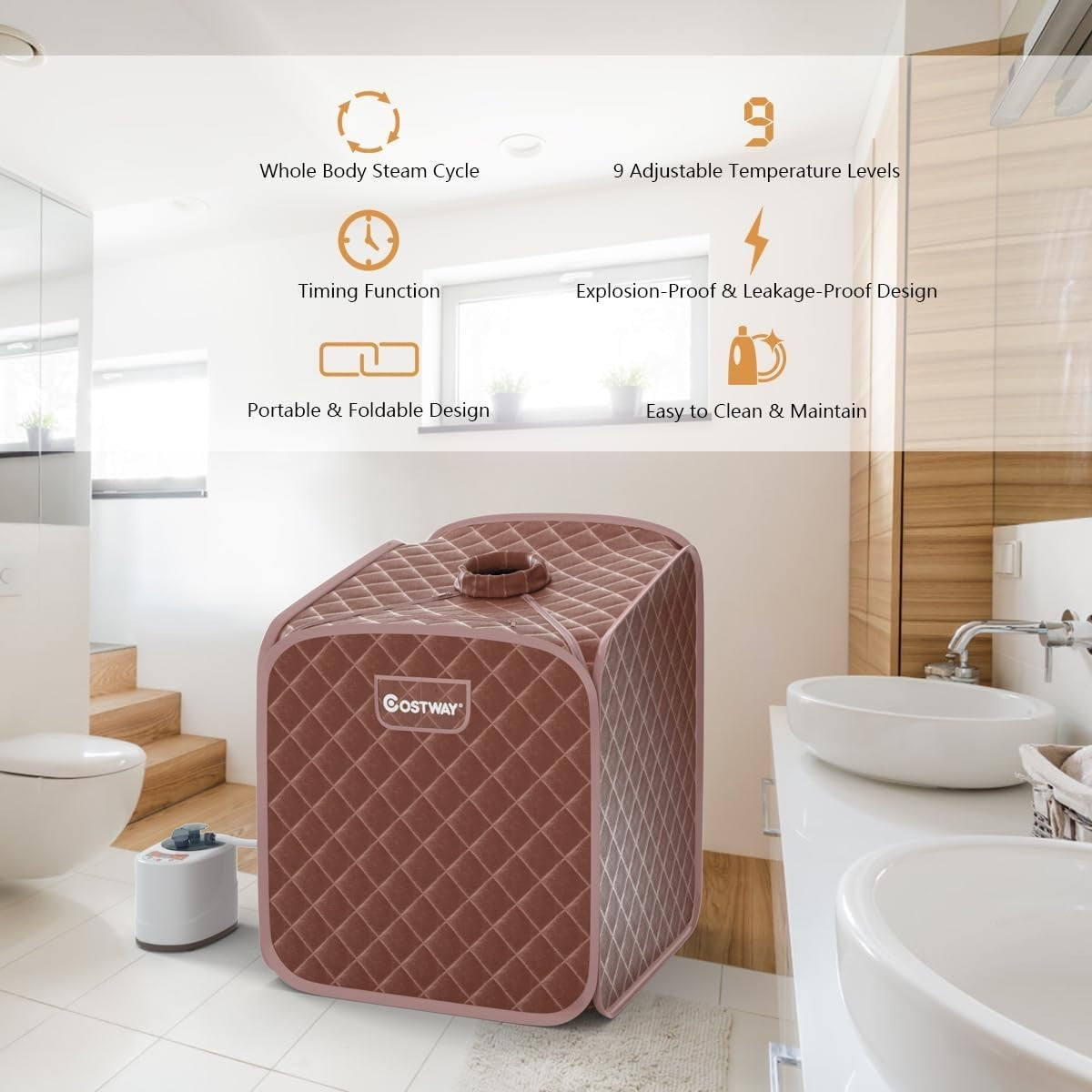 Portable Steam Sauna Tent Full Body Spa w/ Chair Foot Roller & Remote (Coffee)