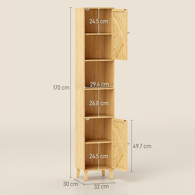 Slim Tall Bathroom Cabinet with Bamboo Doors, Adjustable Shelves, Modern