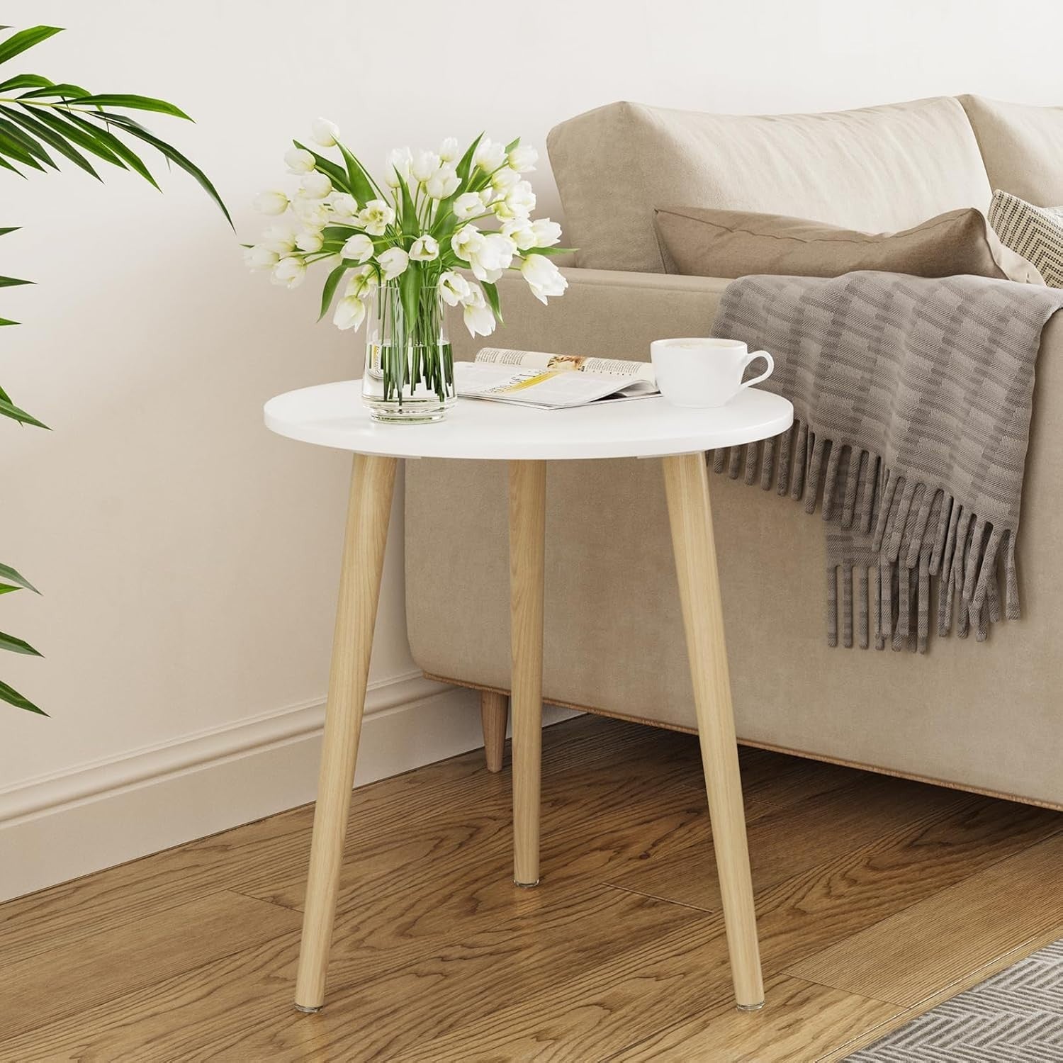 Small Round Side Table 42x42x51cm, Sturdy Iron Legs, White & Oak Finish