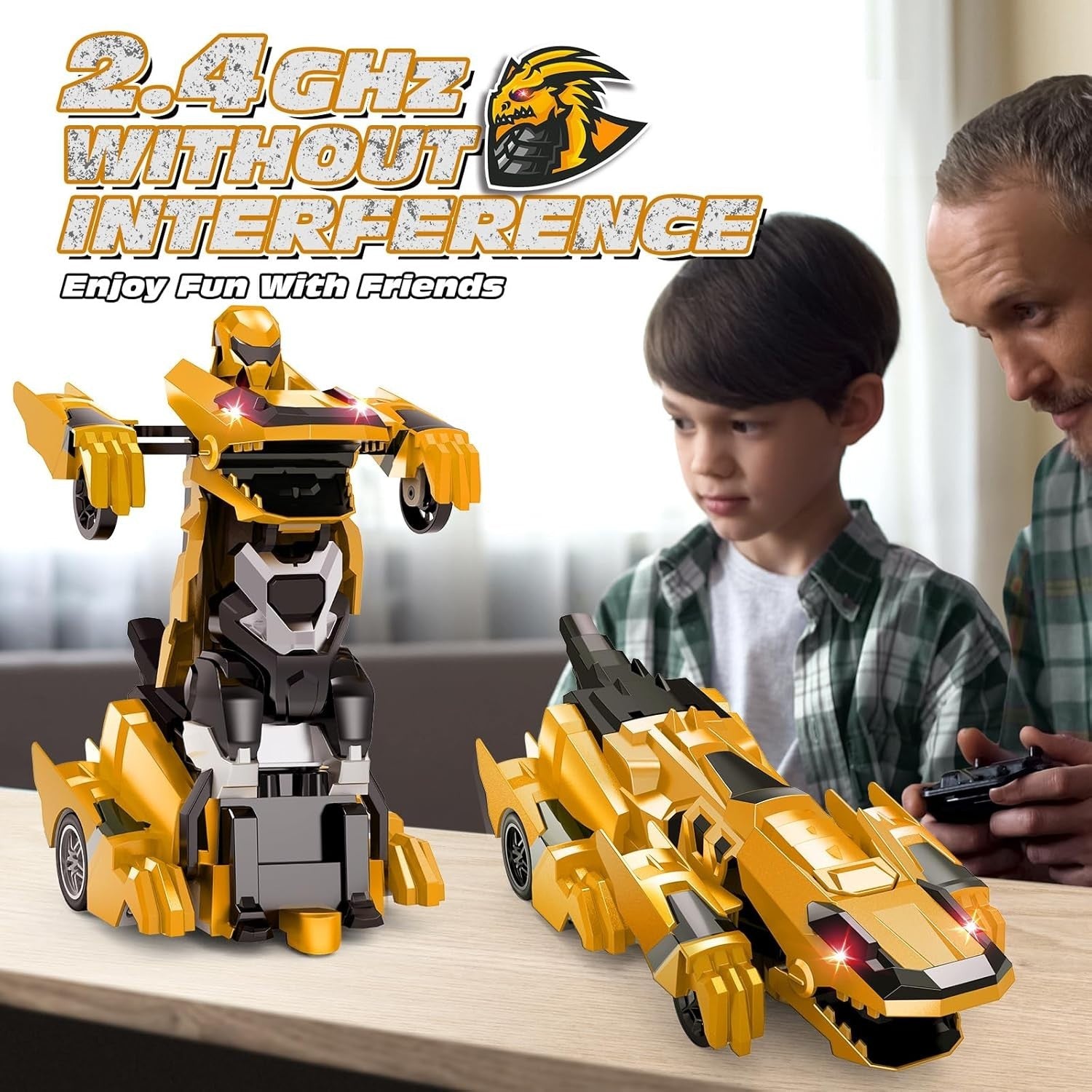 Yellow Transforming Dinosaur RC Car Robot 360° Spin LED Remote Kids Toy