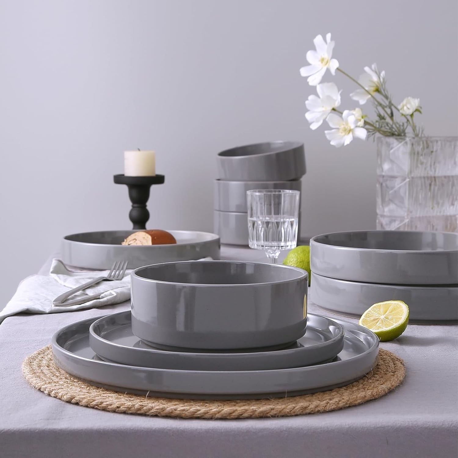 12 Piece Stoneware Dinner Set for 4 Speckled Plates Bowls Dishwasher Safe