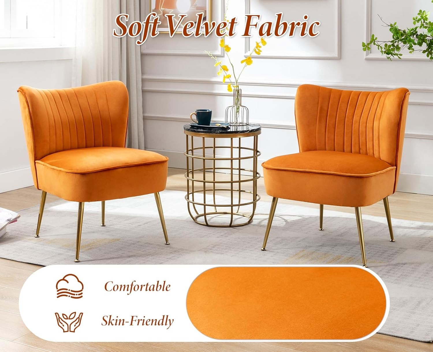 Orange Velvet Accent Tub Chair Gold Legs Modern Armchair