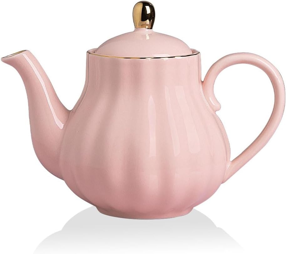 Ceramic Teapot 1100ml Pink Tea Pot w/ Stainless Infuser 5-6 Cups
