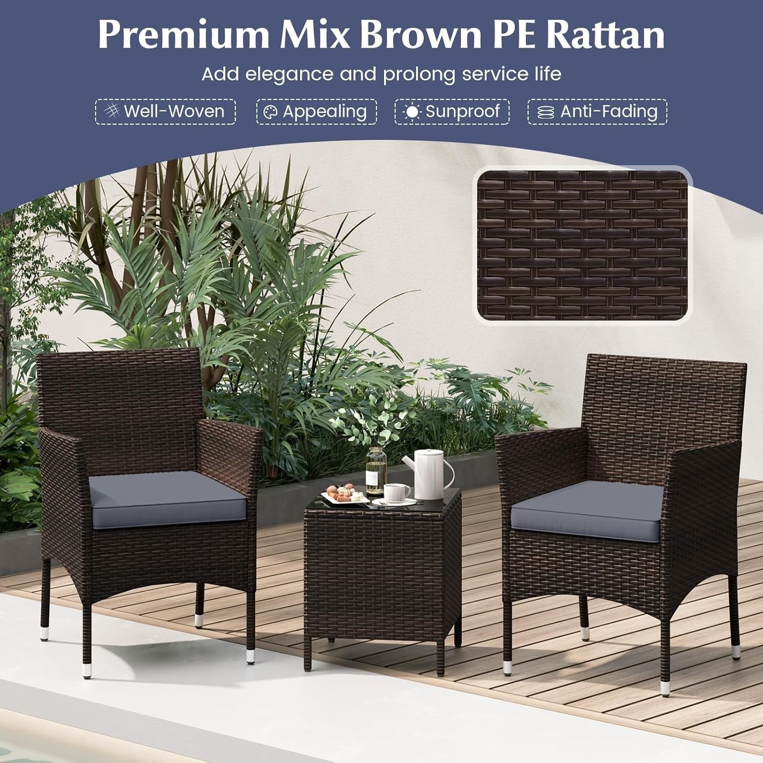 3PC Rattan Bistro Set Outdoor Patio Chairs Table Cushioned Balcony Set