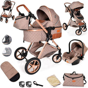 3-in-1 Baby Stroller Travel System Pram Pushchair Foldable Lightweight Beige