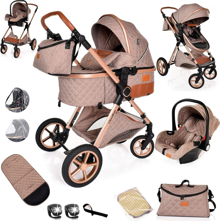 3-in-1 Baby Stroller Travel System Pram Pushchair Foldable Lightweight Beige