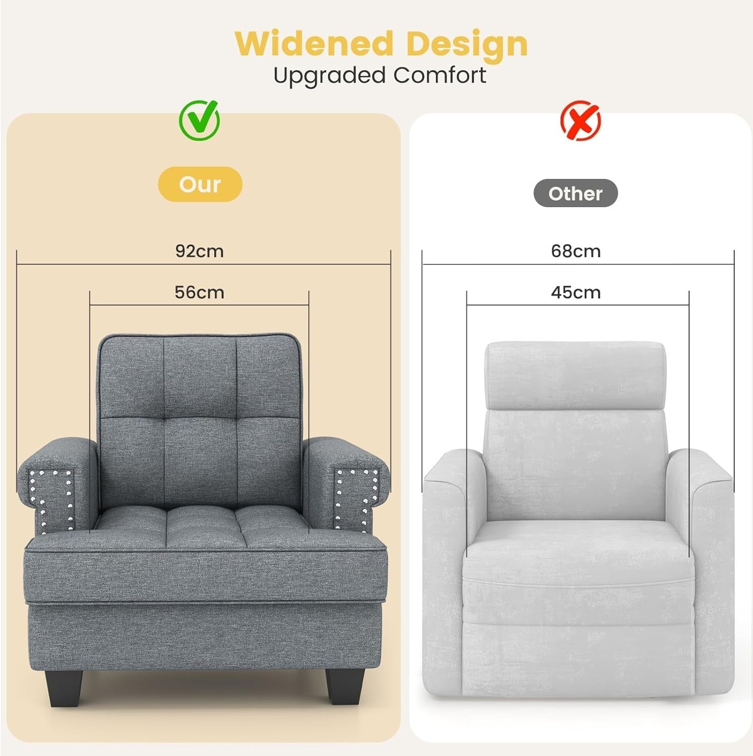 Grey Tufted Armchair Sofa Comfy Lounge Chair Wide Seat Reading Room