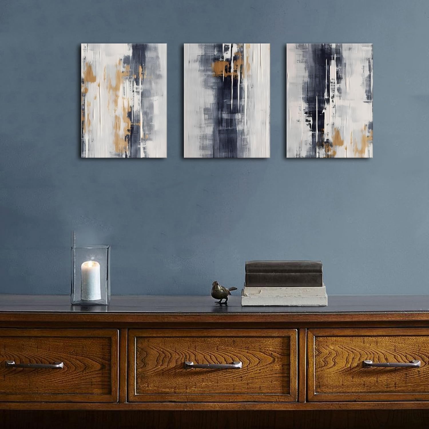 Set of 3 Grey Abstract Canvas Wall Art Gold Black 40x30cm