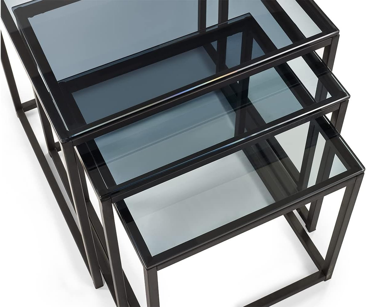 Contemporary Smoked Glass Nest of 3 Tables Set Coffee Side End Modern