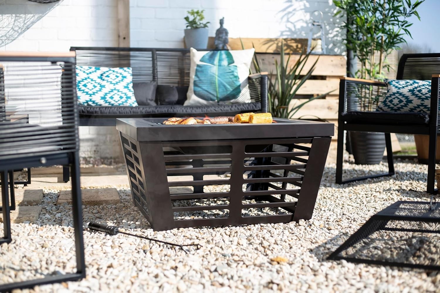 XL Outdoor Fire Pit with BBQ Grill 75cm Patio Heater Garden Wood Burner Square