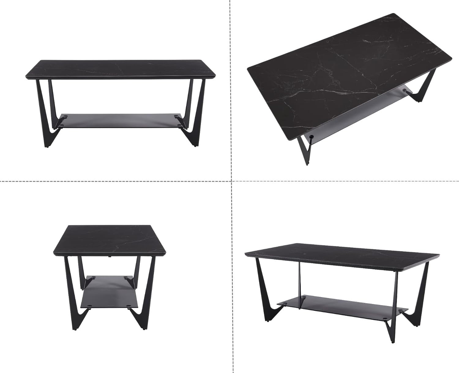 Modern Marble Look Coffee Table with Glass Shelf & Sleek Metal Legs 110x60cm