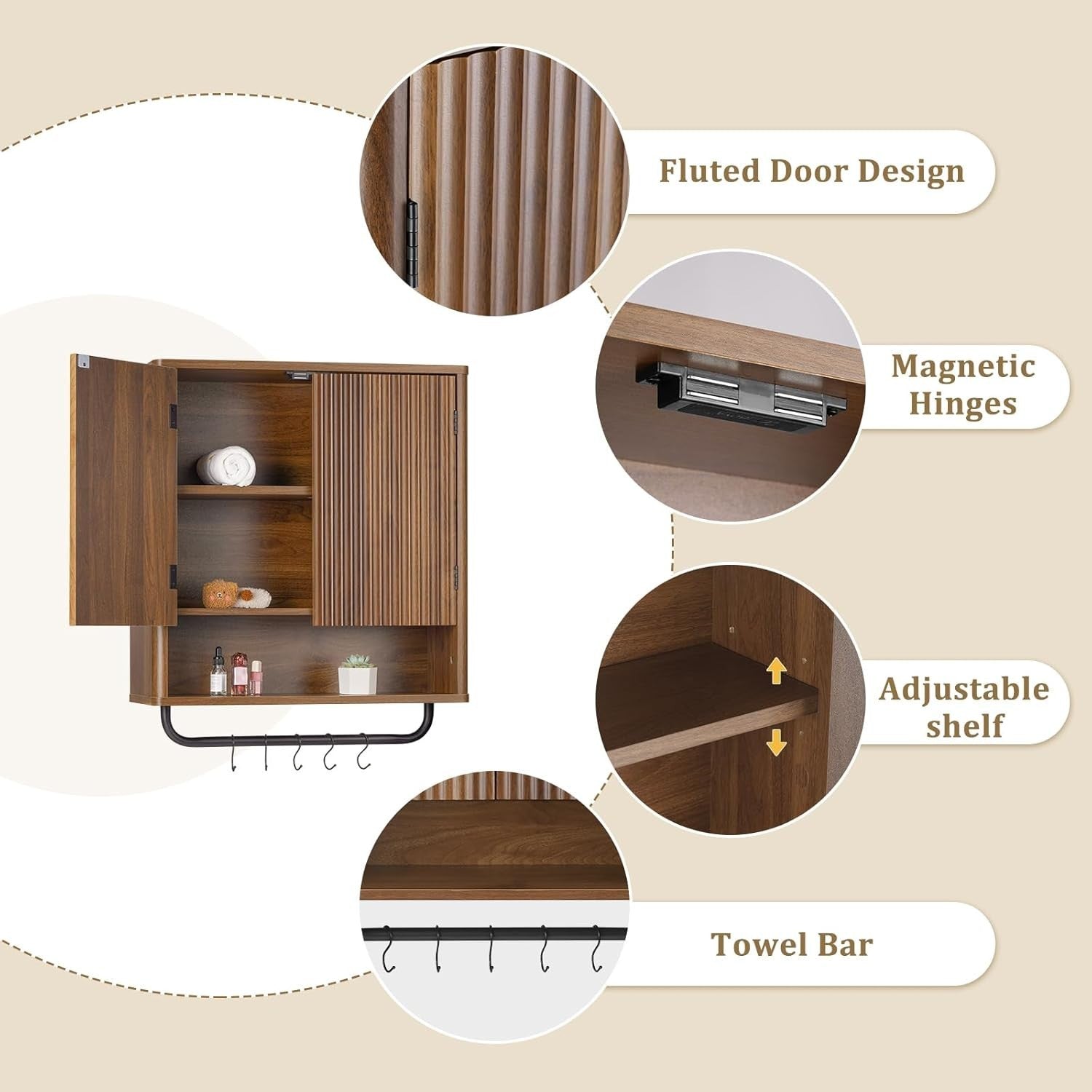 Deep Kitchen & Bathroom Wall Cabinet with Adjustable Shelves & Hooks, Walnut