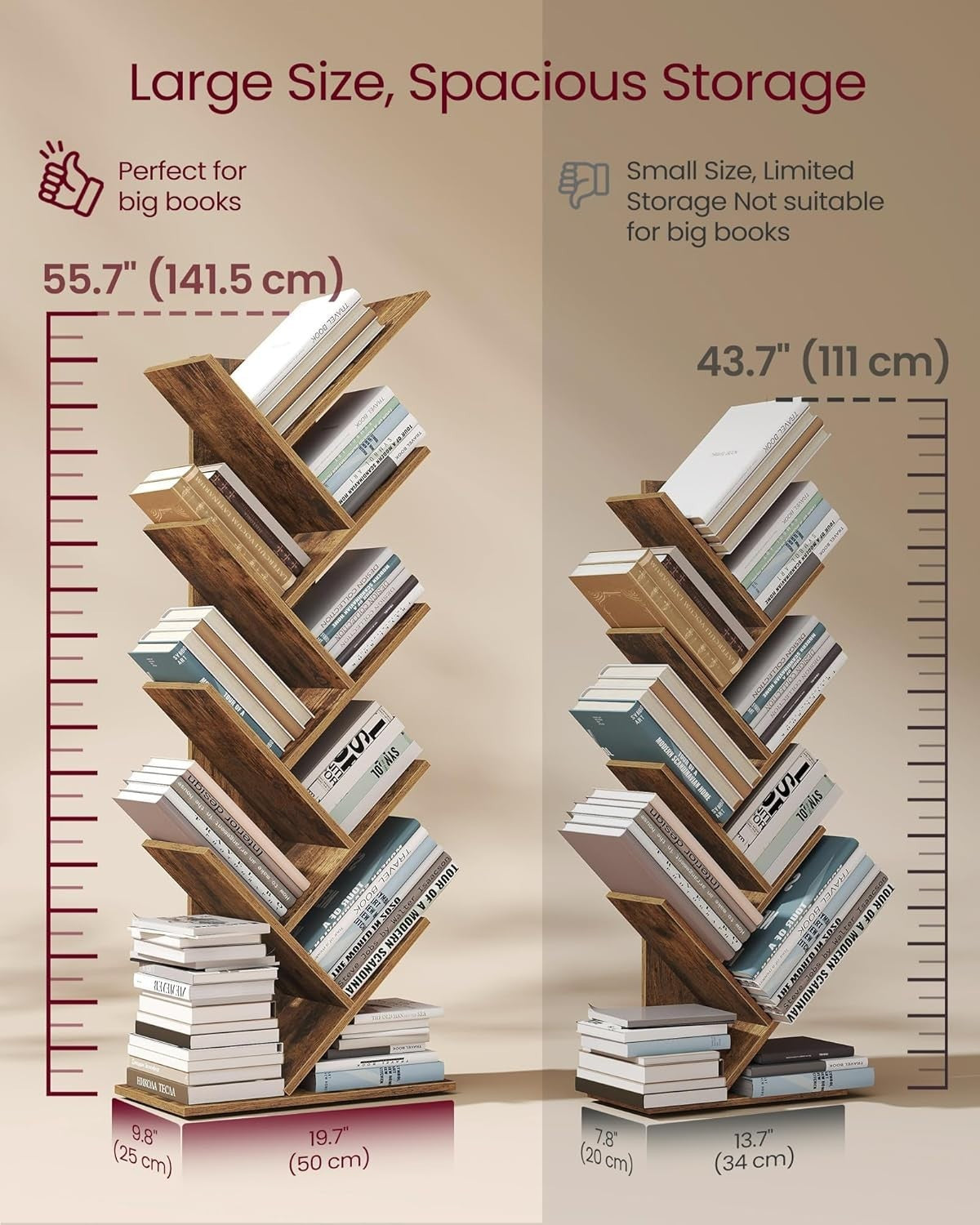 9 Tier Tree Bookshelf Rustic Brown Tall Space Saving Corner Bookcase 141cm