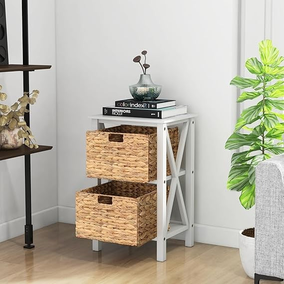 2x White Bedside Tables with Seagrass Baskets | Rustic 2-Tier Slim Nightstands