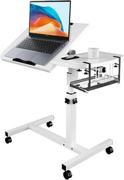 Adjustable Overbed Laptop Table White with Wheels Split Tilting Bedside Desk