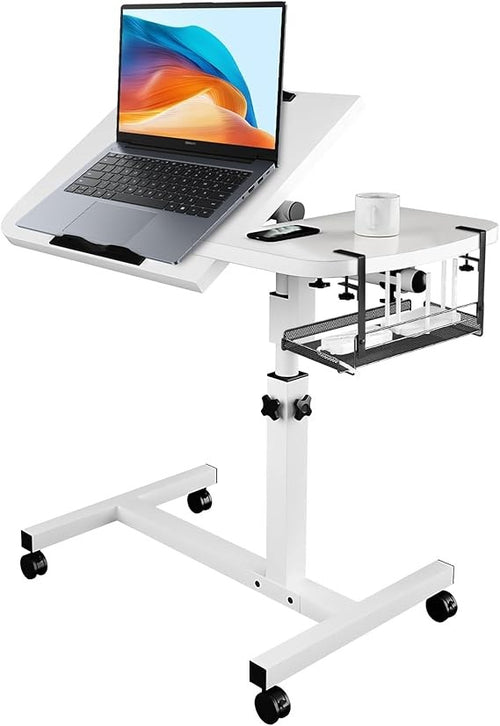 Adjustable Overbed Laptop Table White with Wheels Split Tilting Bedside Desk