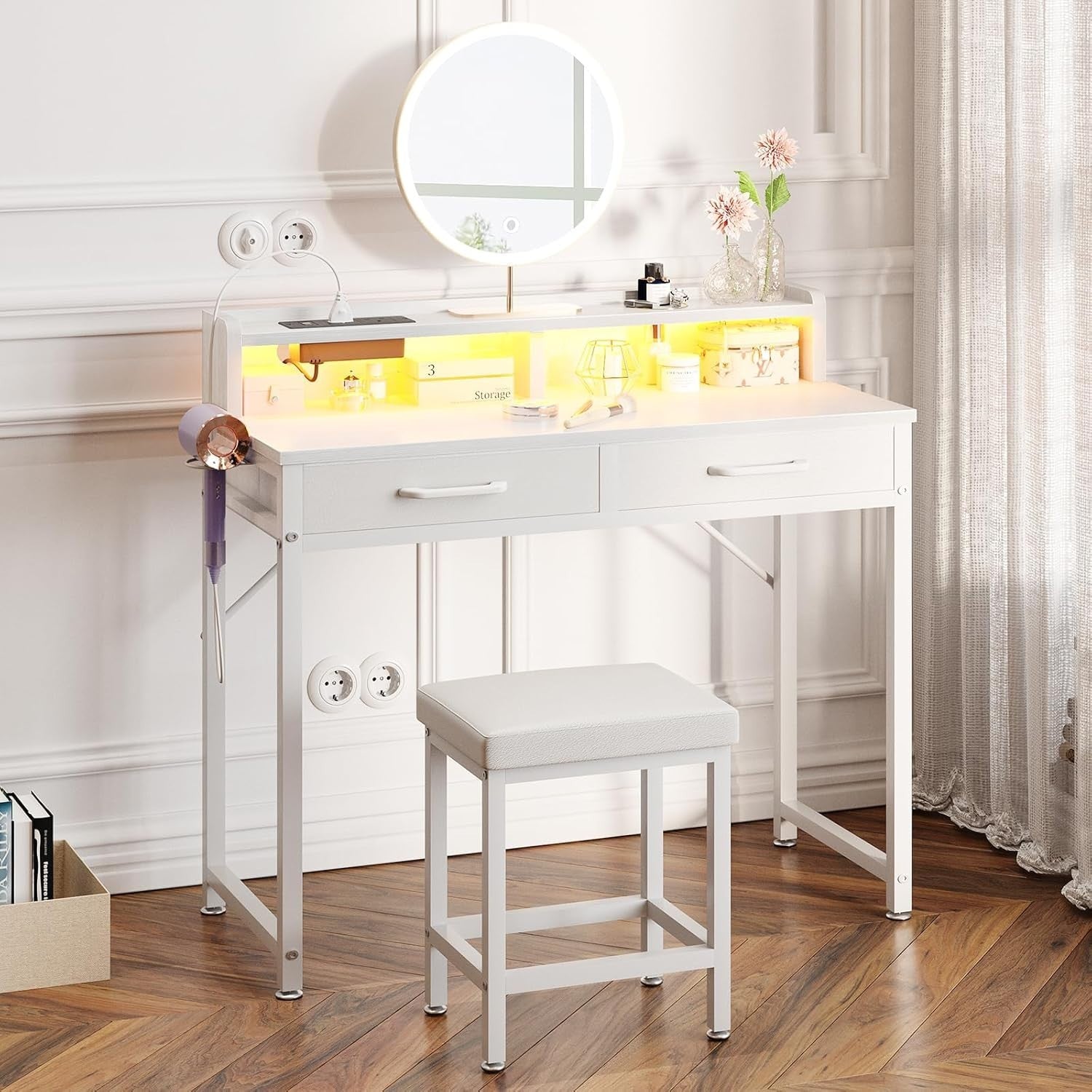 Vanity Dressing Table Desk w/ LED Lights Power Outlet Storage & Stool White