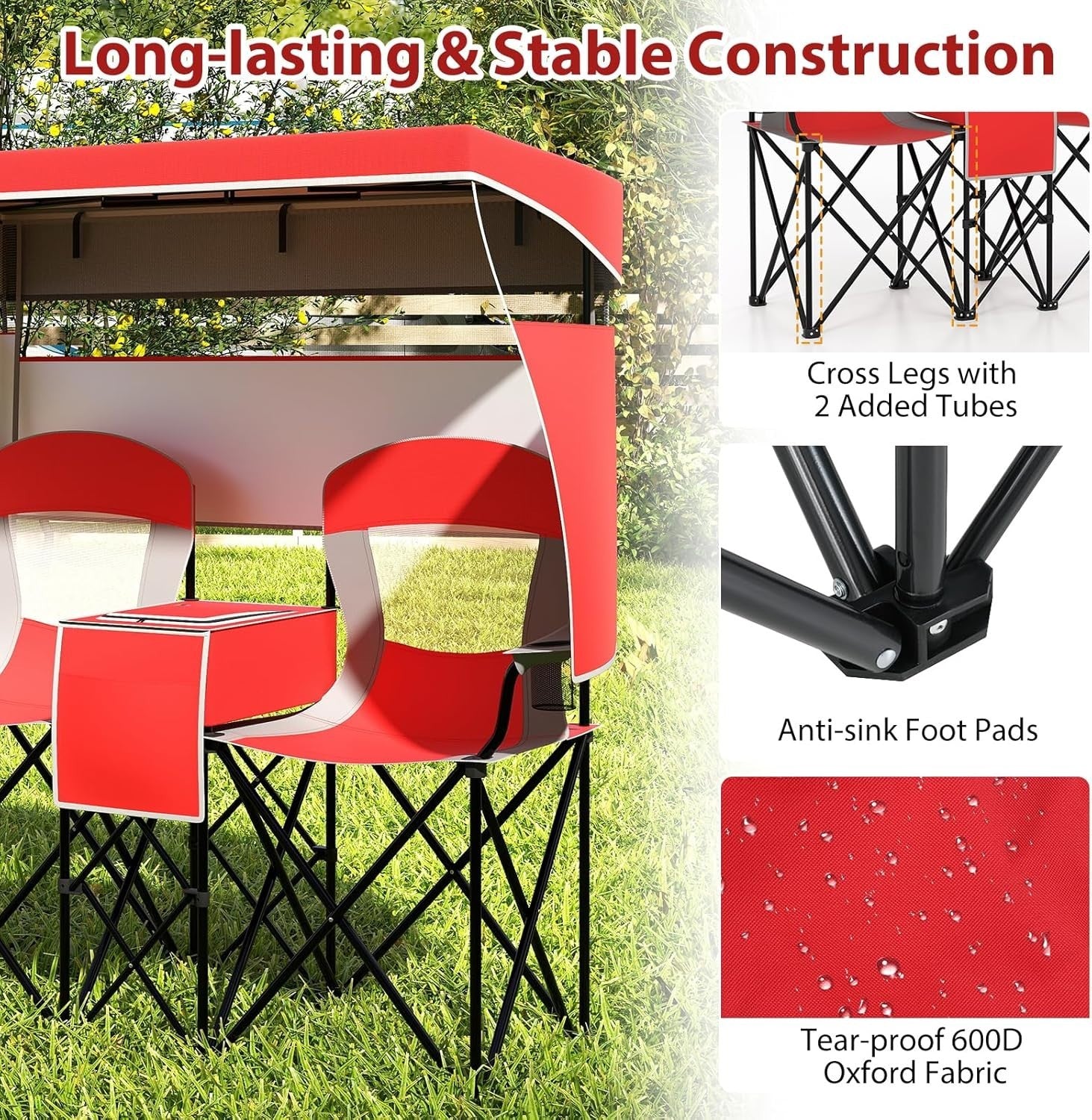 Red Folding Camping Loveseat w/ Canopy, Cup Holders & Cooler Bag, 2 Seat