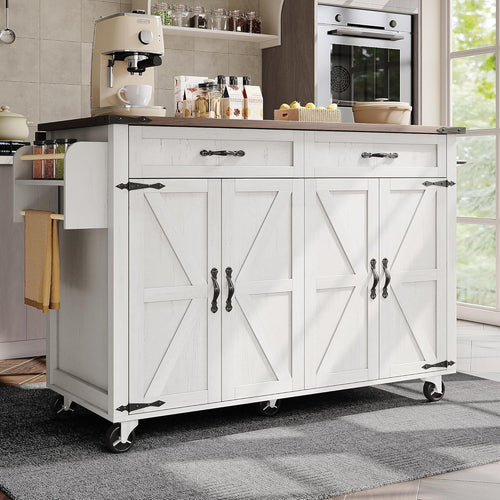 Kitchen Island on Wheels with Storage Drawers & Fold-Out Worktop, White