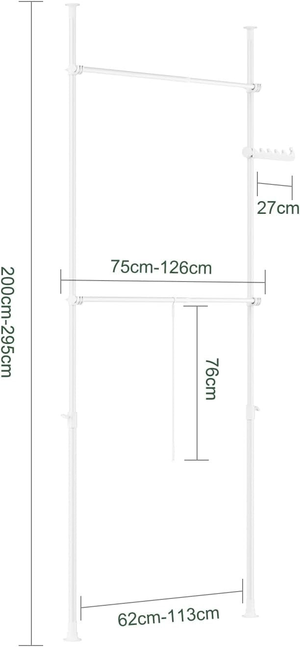 Telescopic Clothes Rail Adjustable Heavy Duty Open Wardrobe White