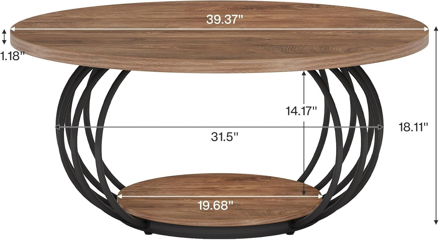 Round 2-Tier Coffee Table with Storage, Metal Frame & Wooden Grain Top