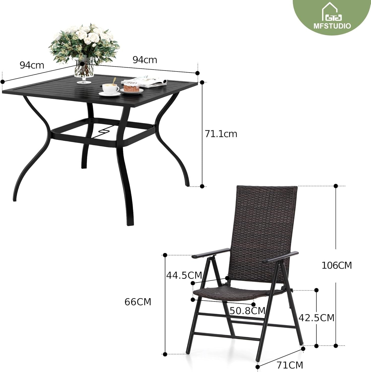 4pc Rattan Patio Dining Set Folding Chairs & Metal Table Umbrella Hole