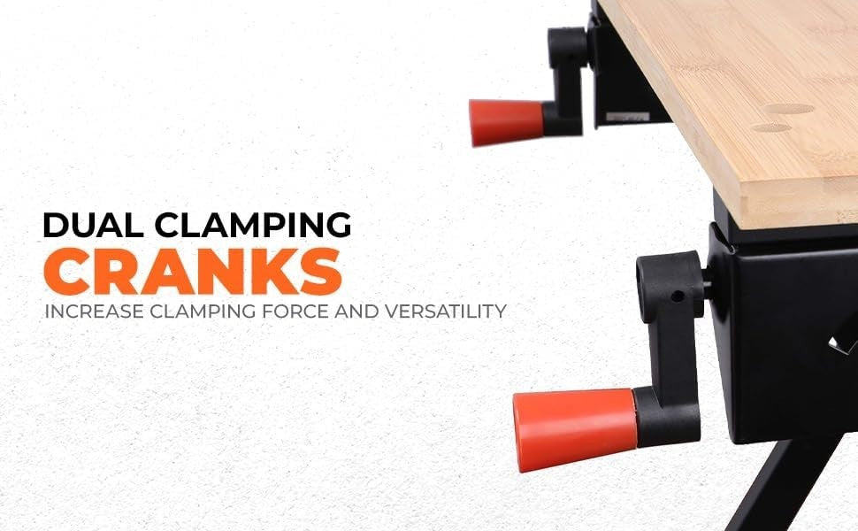 Foldable Portable Workbench with Clamp System Steel Frame Bamboo Top WM301